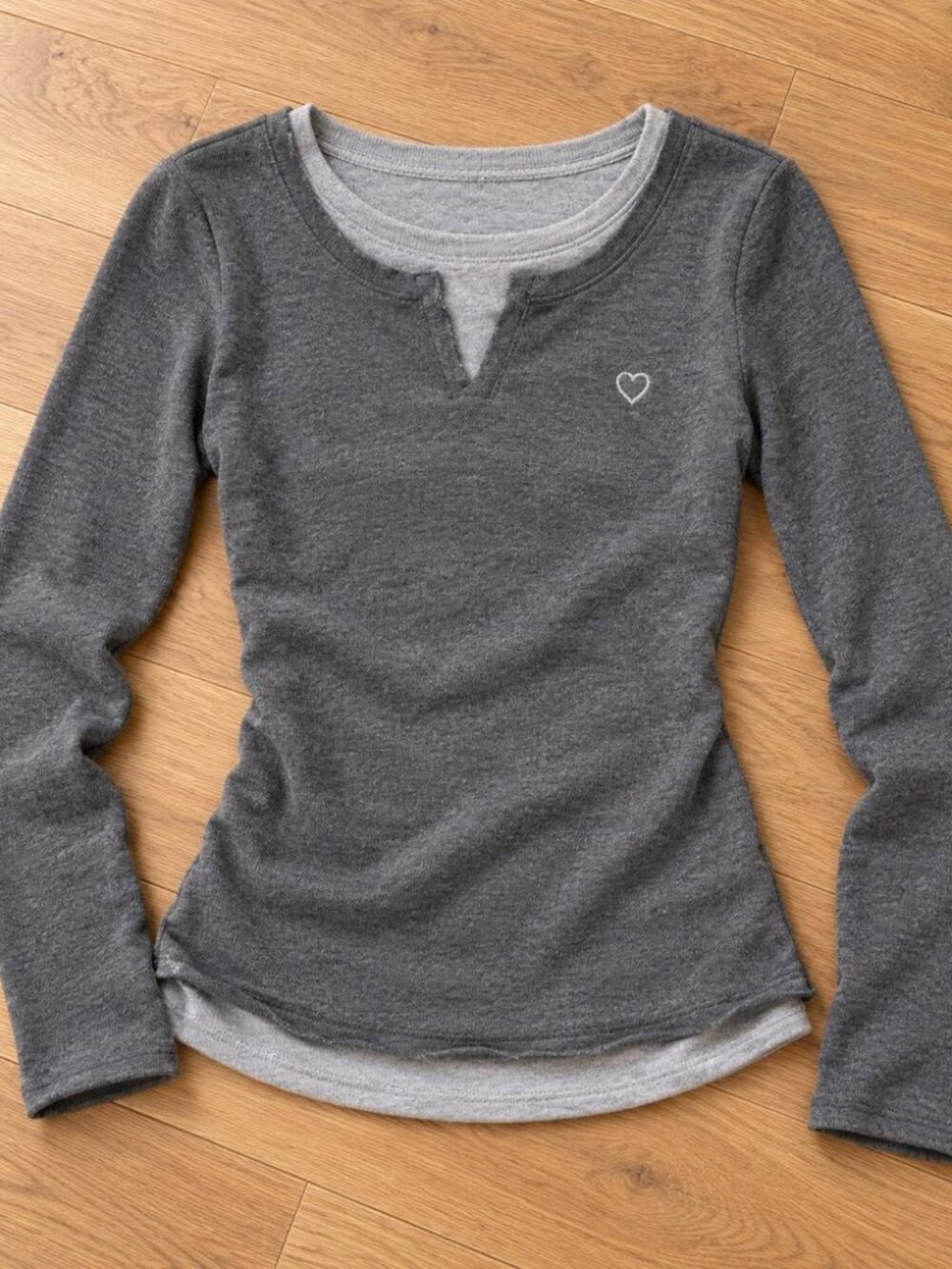 Grey double layer long sleeve with heart detail - layered sleeve 2000s top